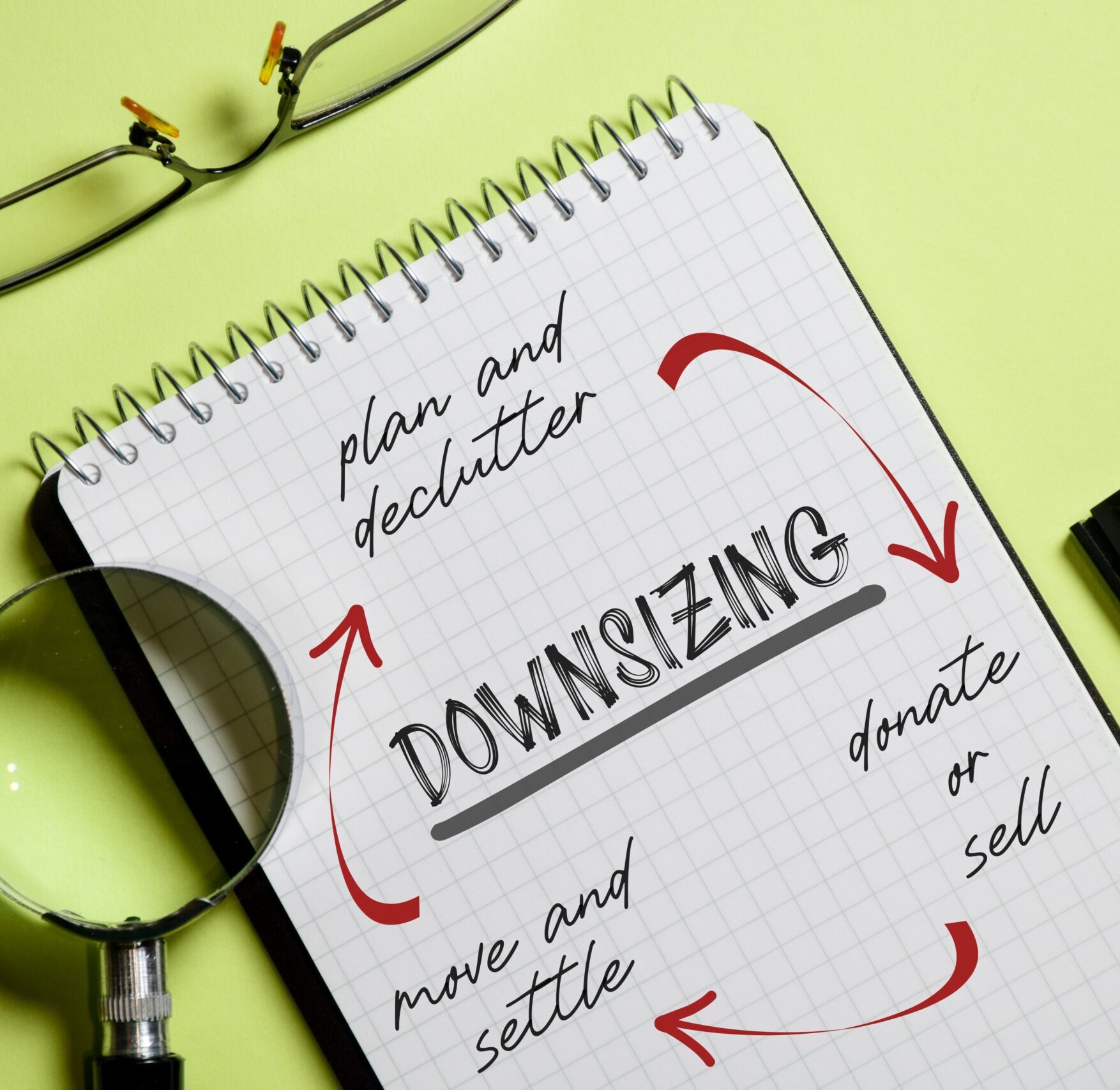 Steps to downsize your home concept on notepad. Top view. Steps to downsizing
